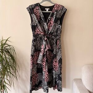Garnet Hill Black Midi Wrap Dress with Pink & White Floral Print Size 6